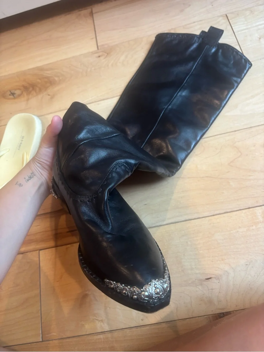 Women's Tall Black Leather Western Boots with Decorative Heel